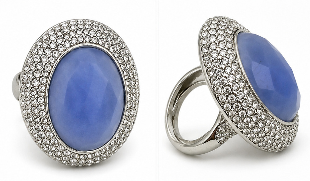 SPRING STREET LARGE OVAL LT BLUE STONE WITH SWAROVSKI PAVE ADJUSTABLE RING 6-8
